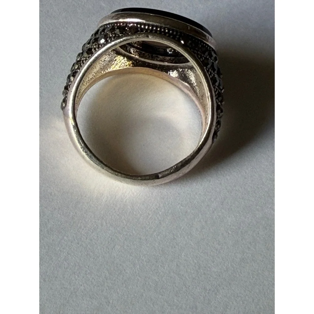 Cyber Goth Black Onyx Marcasite Signet Ring Size 8.25